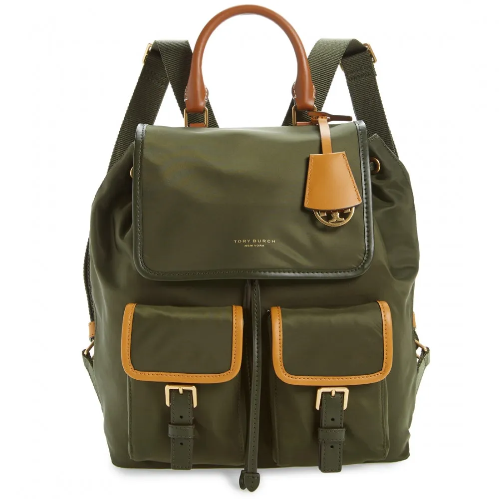 Tory Burch Perry Nylon Colour Block Flap Backpack Bag- Grape Leaf