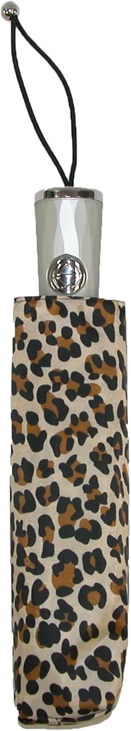 totes Automatic Open Close Water-Resistant Travel Folding Umbrella with Sun Protection, Leopard Spot
