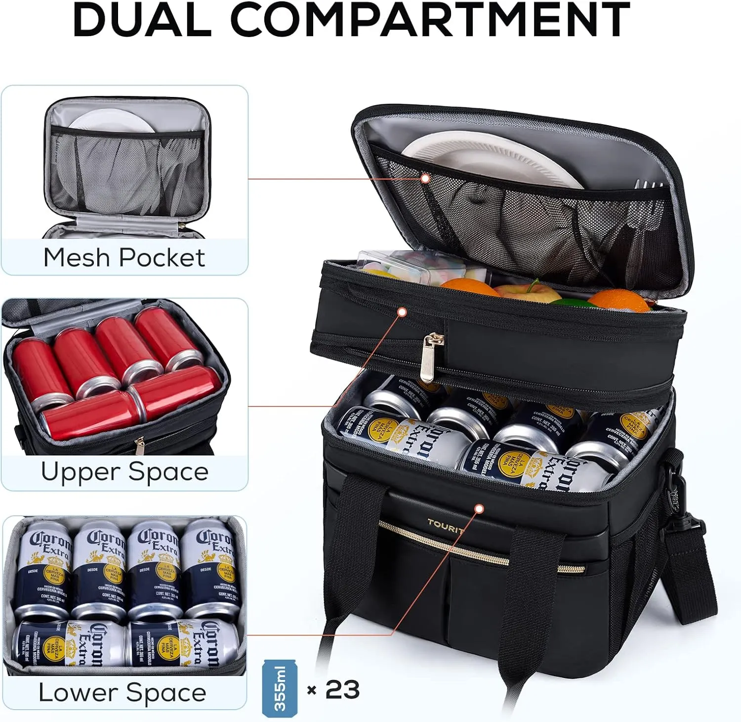 TOURIT Insulated Lunch Box Bag, Double Deck Leakproof Cooler Tote for Work Office Picnic, Expandable Lunch Container, Black