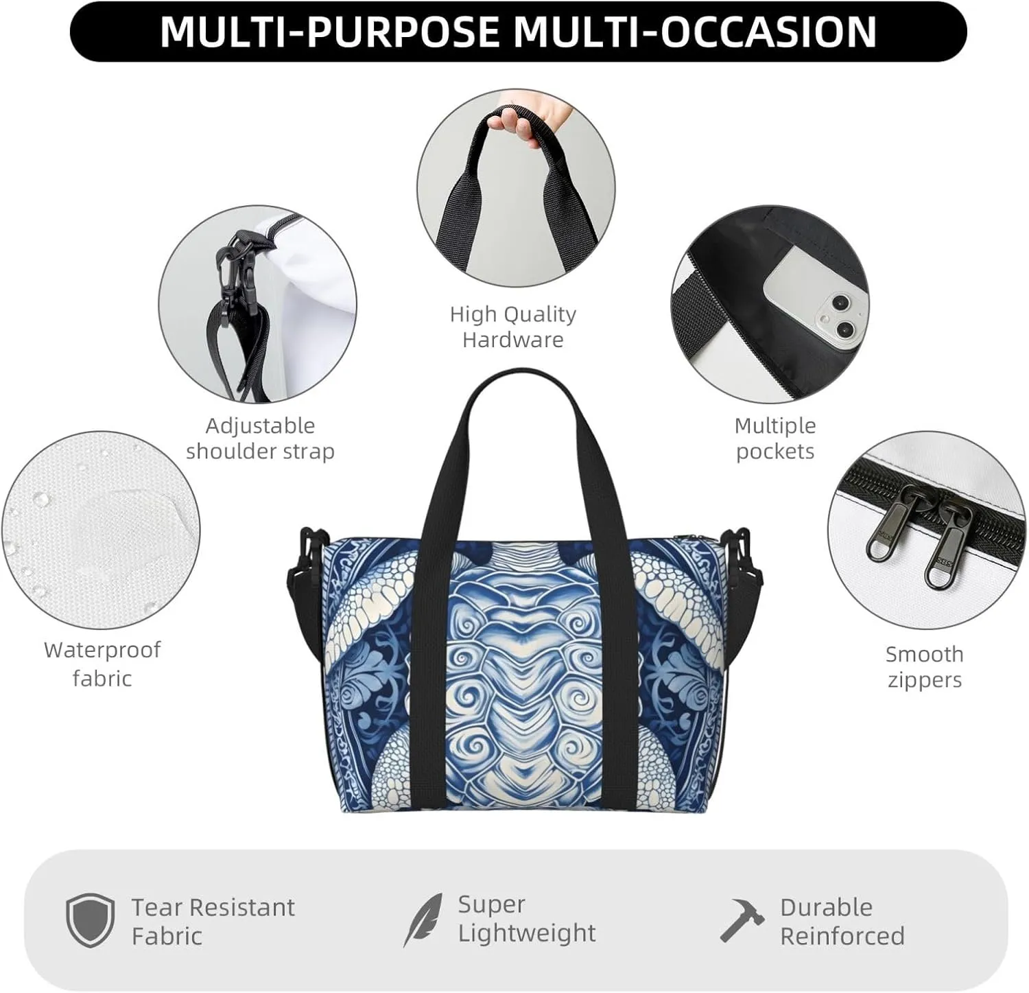 Travel Duffle Bag Ethnic Turtle Floral Weekender Overnight Bags Luggage Bag for Women Men Waterproof Sports Gym Bag Hand Bag with Shoulder Strap
