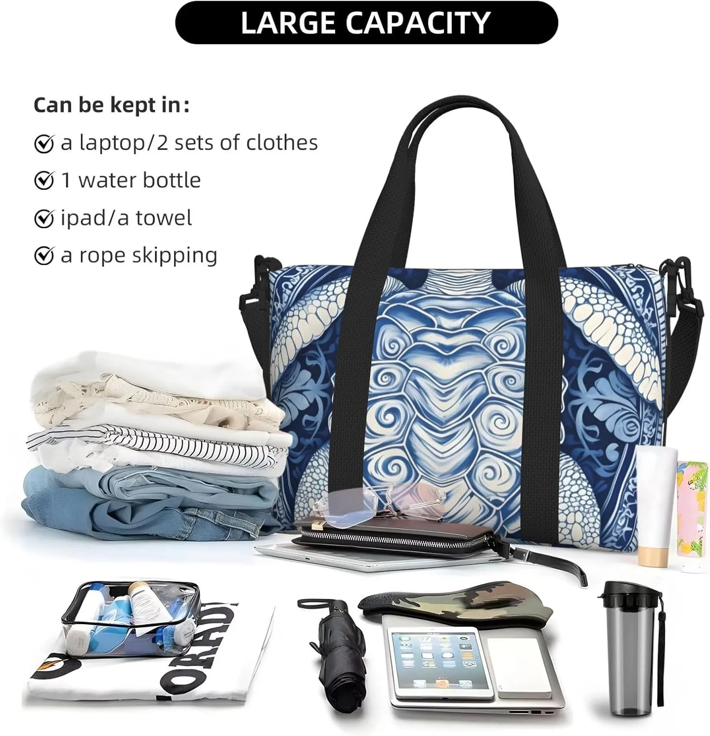 Travel Duffle Bag Ethnic Turtle Floral Weekender Overnight Bags Luggage Bag for Women Men Waterproof Sports Gym Bag Hand Bag with Shoulder Strap