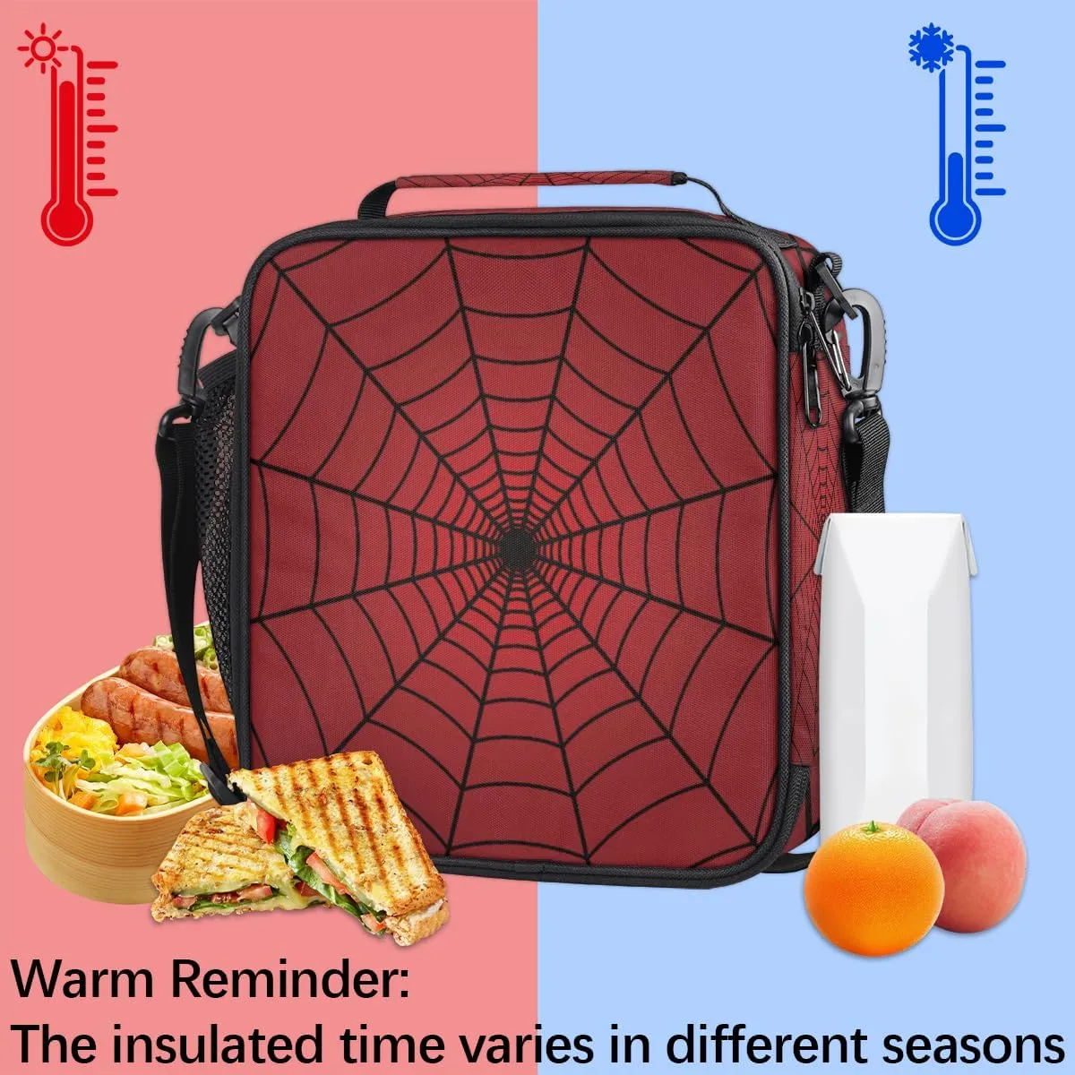 TropicalLife Red Spider Web Kids Lunch Boxes, Insulated Lunch Bag for Kids with Adjustable Shoulder Strap, School Lunch Box for Boys and Girls
