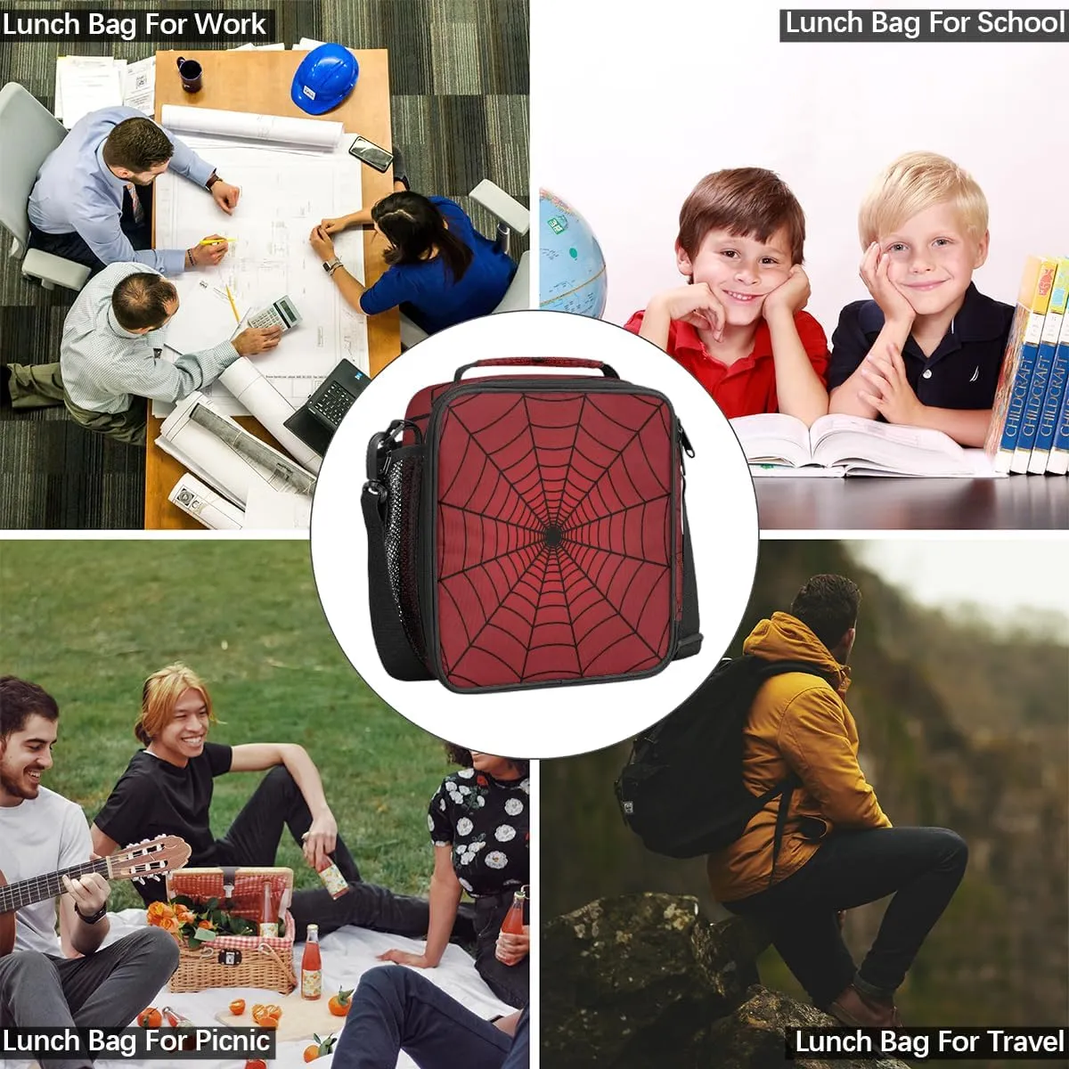 TropicalLife Red Spider Web Kids Lunch Boxes, Insulated Lunch Bag for Kids with Adjustable Shoulder Strap, School Lunch Box for Boys and Girls