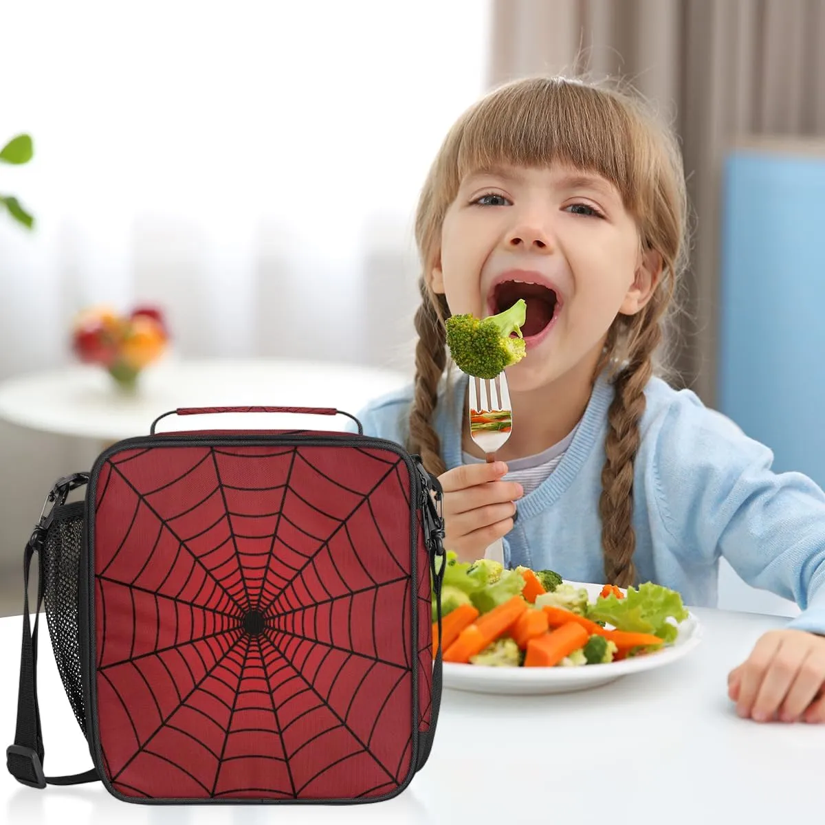 TropicalLife Red Spider Web Kids Lunch Boxes, Insulated Lunch Bag for Kids with Adjustable Shoulder Strap, School Lunch Box for Boys and Girls