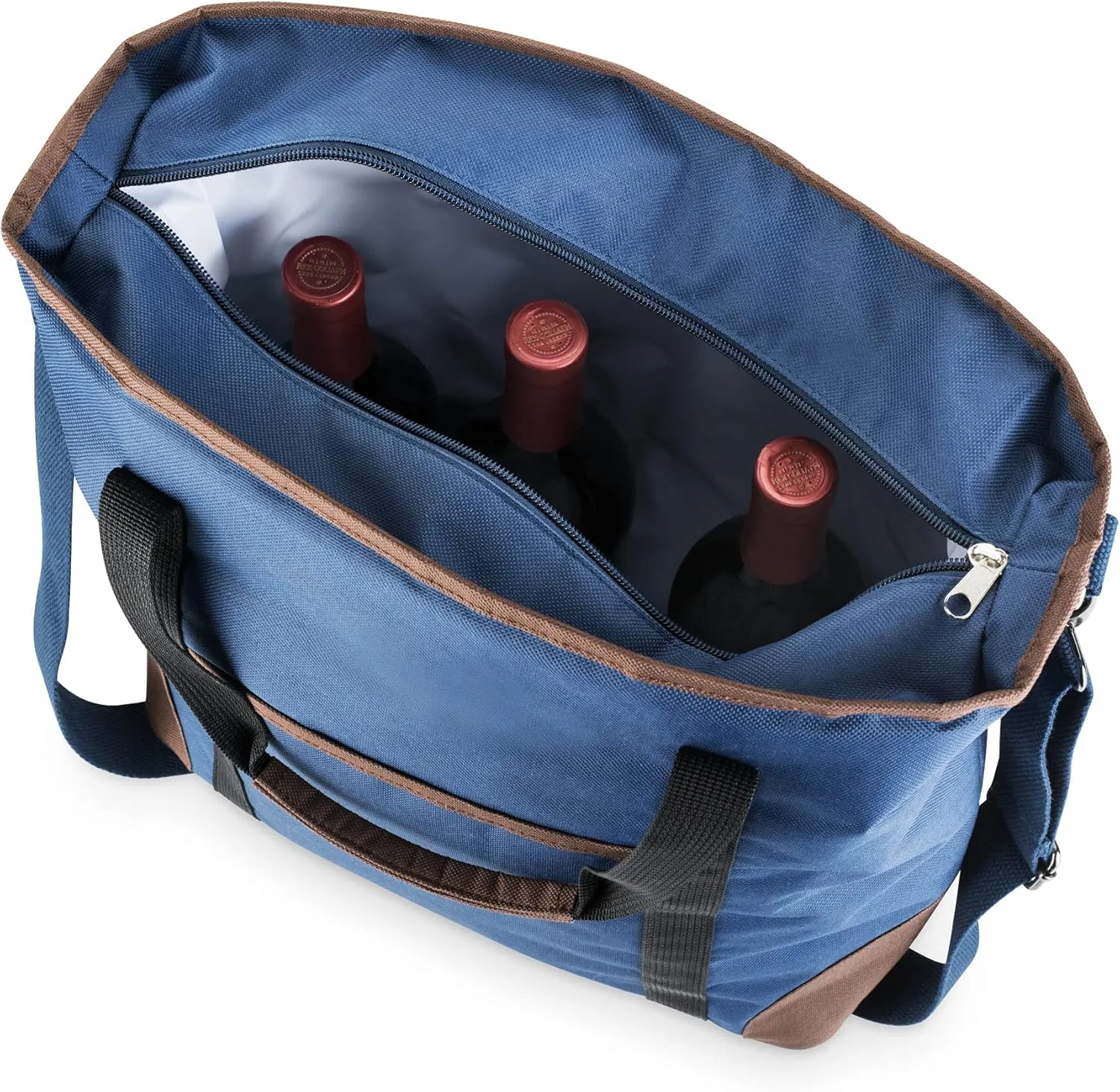 True Insulated Cooler Bag Wine Tote, Polyester and PEVA Lining, Removable Shoulder Strap, Front Pocket, Blue, Set of 1