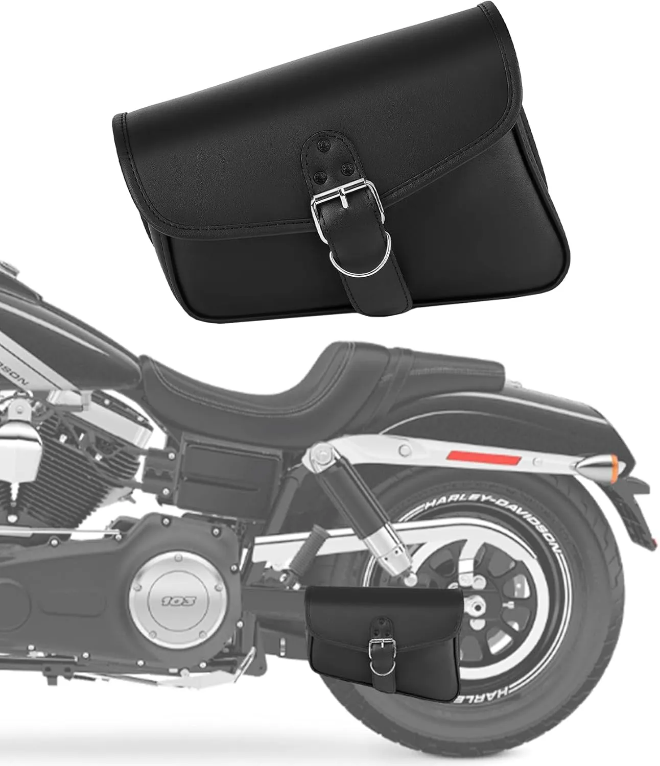 Universal Motorcycle Swing Arm Bag Black Synthetic Leather Waterproof Left Side Solo Tool Bag – Quick Release, Durable & Weatherproof
