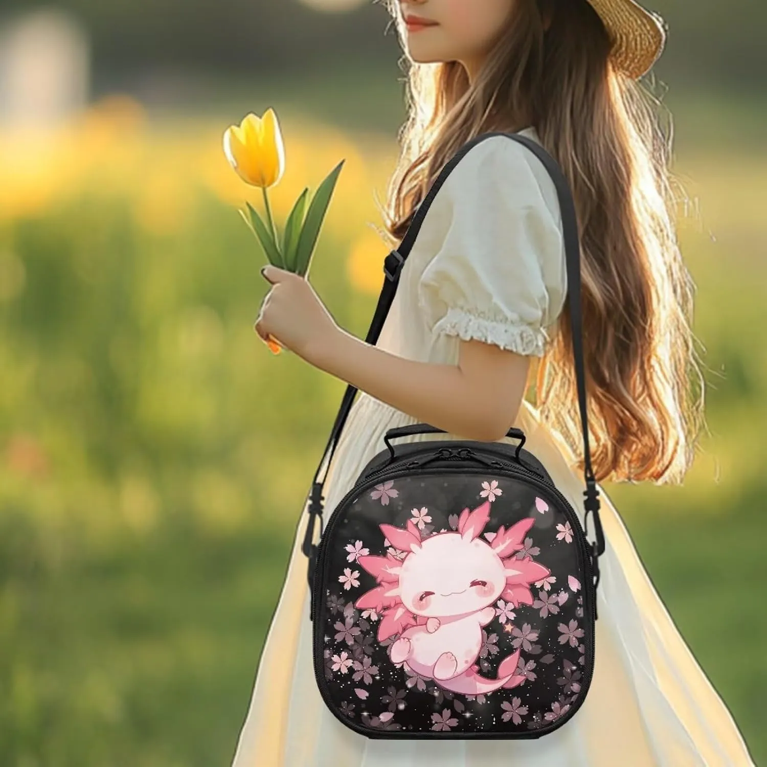 Upetstory Cherry Blossom Axolotl Lunch Bag for Girls 4-5 6-8 8-10 Kids Insulated Lunch Bags Reusable Lunch Boxes Shoulder Tote Handbag Food Storage Pouch Outdoor Gym Picnic Travel