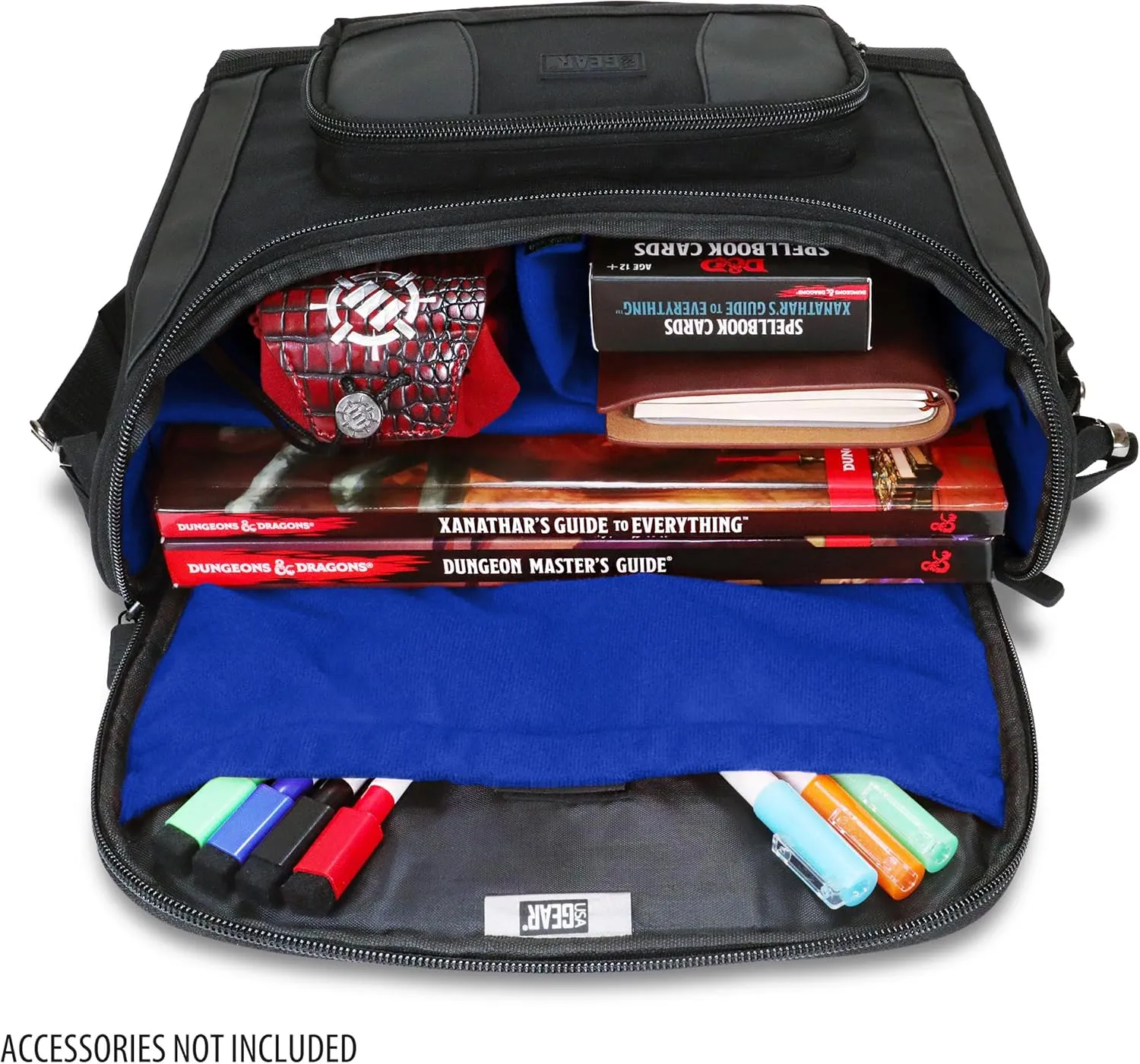 USA GEAR Compact Travel Bag Compatible with Dungeons and Dragons Accessories - Small DND Bag fits RPG Player Essentials, Player's Handbook, Character Sheets, Dice, Tokens, & Mini Player Items (Blue)