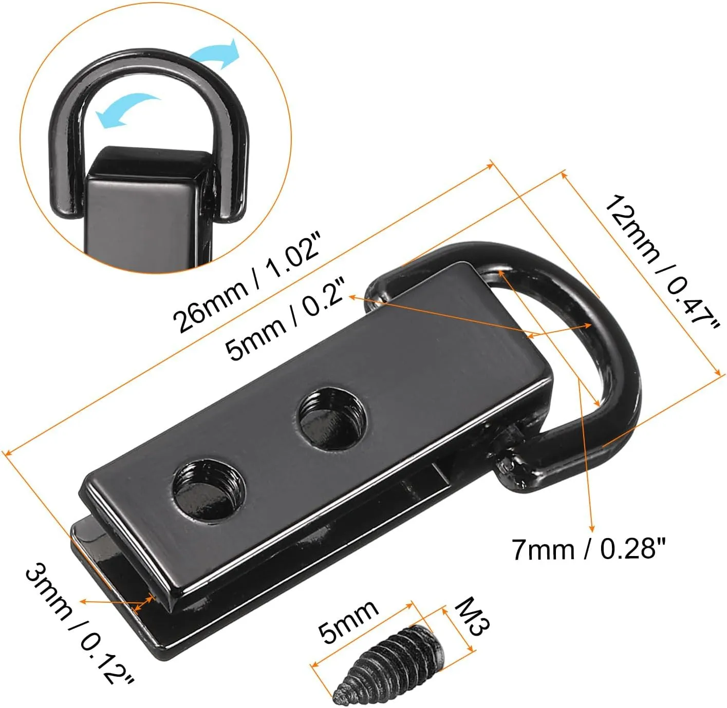 uxcell Bag Side Clip Buckle - 12Pcs 0.28" Metal Suspending Handbag Strap Chain Connector with D Ring for DIY, Purse Crossbody Shoulder (Metallic Black, 26mm)