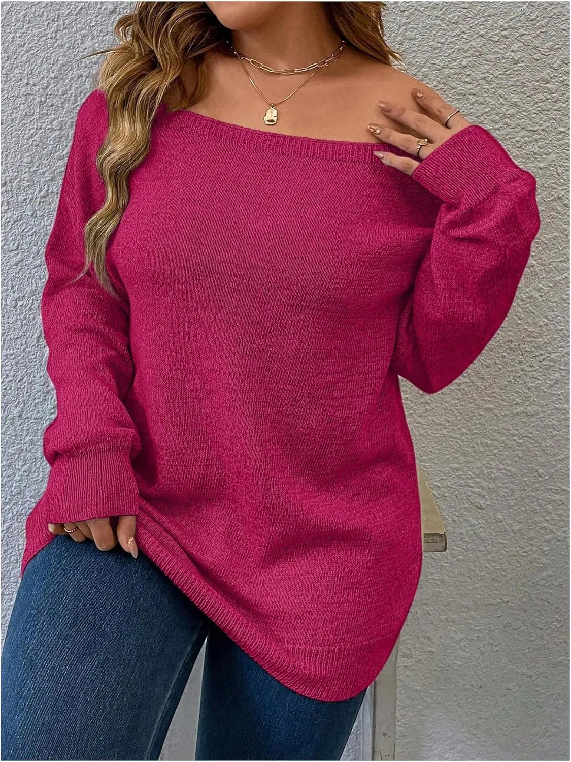 Verdusa Women's Plus Size Off The Shoulder Sweater Long Sleeve Pullover Lightweight Knit Tops