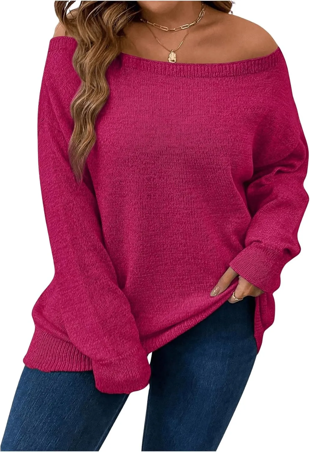 Verdusa Women's Plus Size Off The Shoulder Sweater Long Sleeve Pullover Lightweight Knit Tops