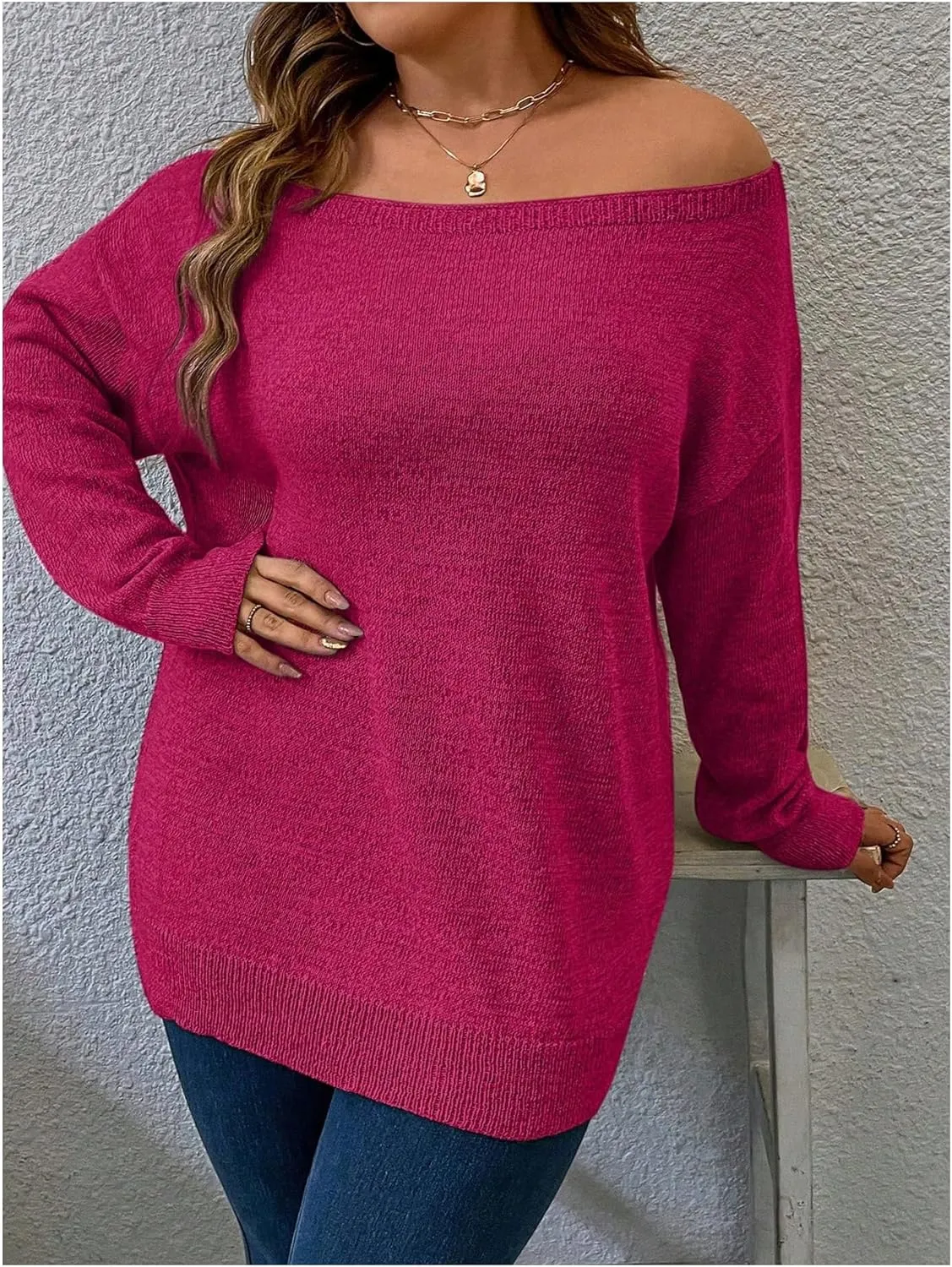 Verdusa Women's Plus Size Off The Shoulder Sweater Long Sleeve Pullover Lightweight Knit Tops