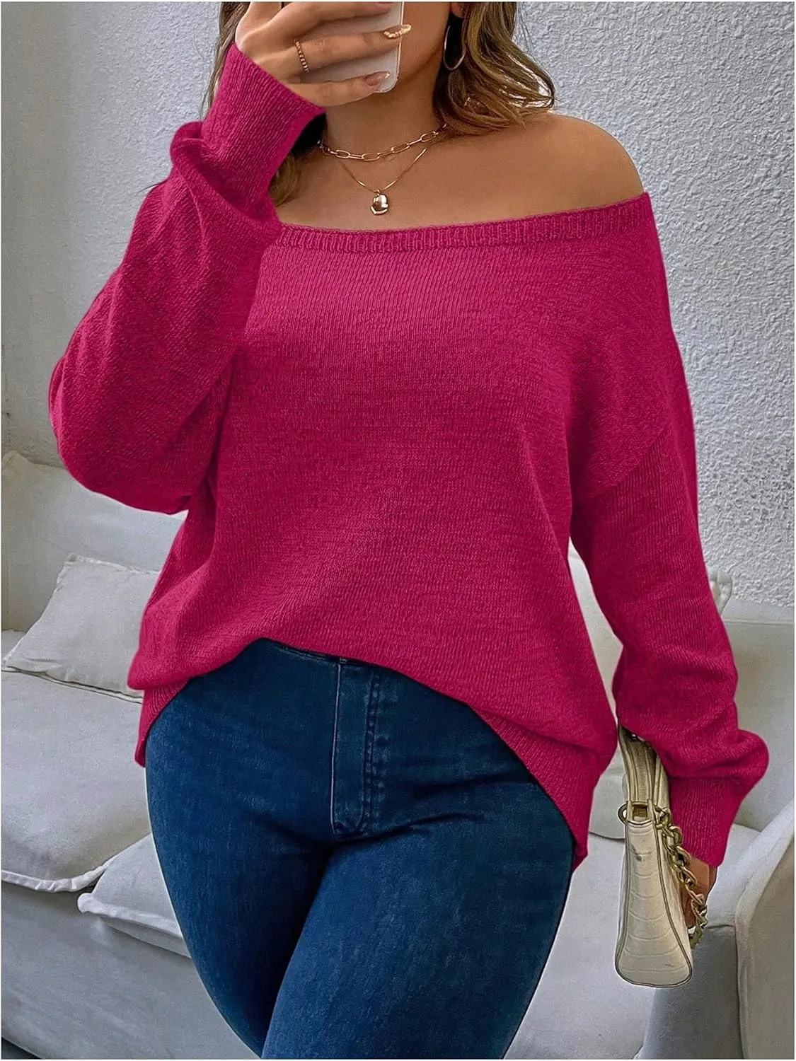 Verdusa Women's Plus Size Off The Shoulder Sweater Long Sleeve Pullover Lightweight Knit Tops