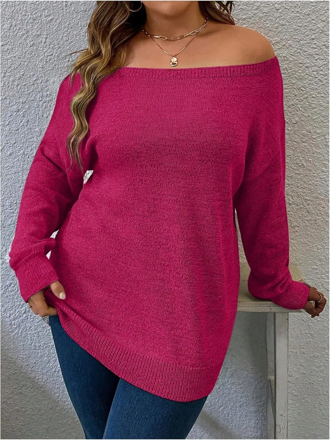 Verdusa Women's Plus Size Off The Shoulder Sweater Long Sleeve Pullover Lightweight Knit Tops