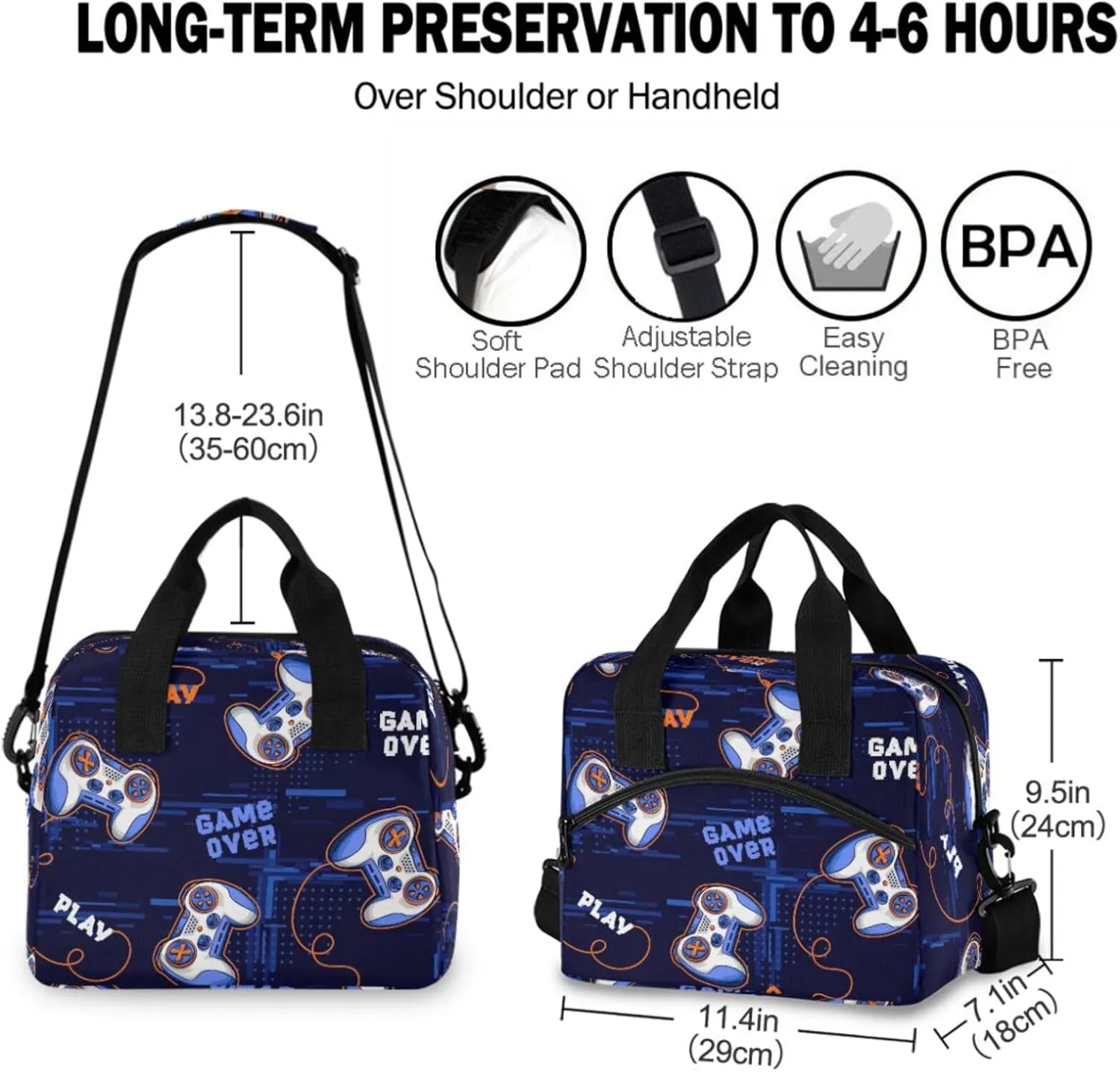 Video Game Insulated Lunch Bag Gaming Gamer Blue Reusable Cooler Lunch Tote Box with Shoulder Strap for Work Picnic School Beach
