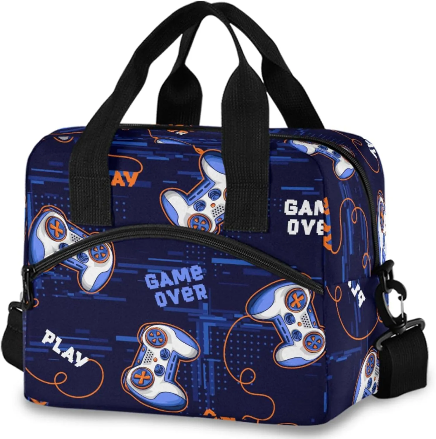 Video Game Insulated Lunch Bag Gaming Gamer Blue Reusable Cooler Lunch Tote Box with Shoulder Strap for Work Picnic School Beach