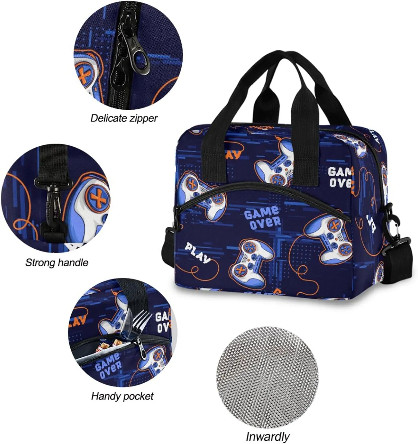 Video Game Insulated Lunch Bag Gaming Gamer Blue Reusable Cooler Lunch Tote Box with Shoulder Strap for Work Picnic School Beach