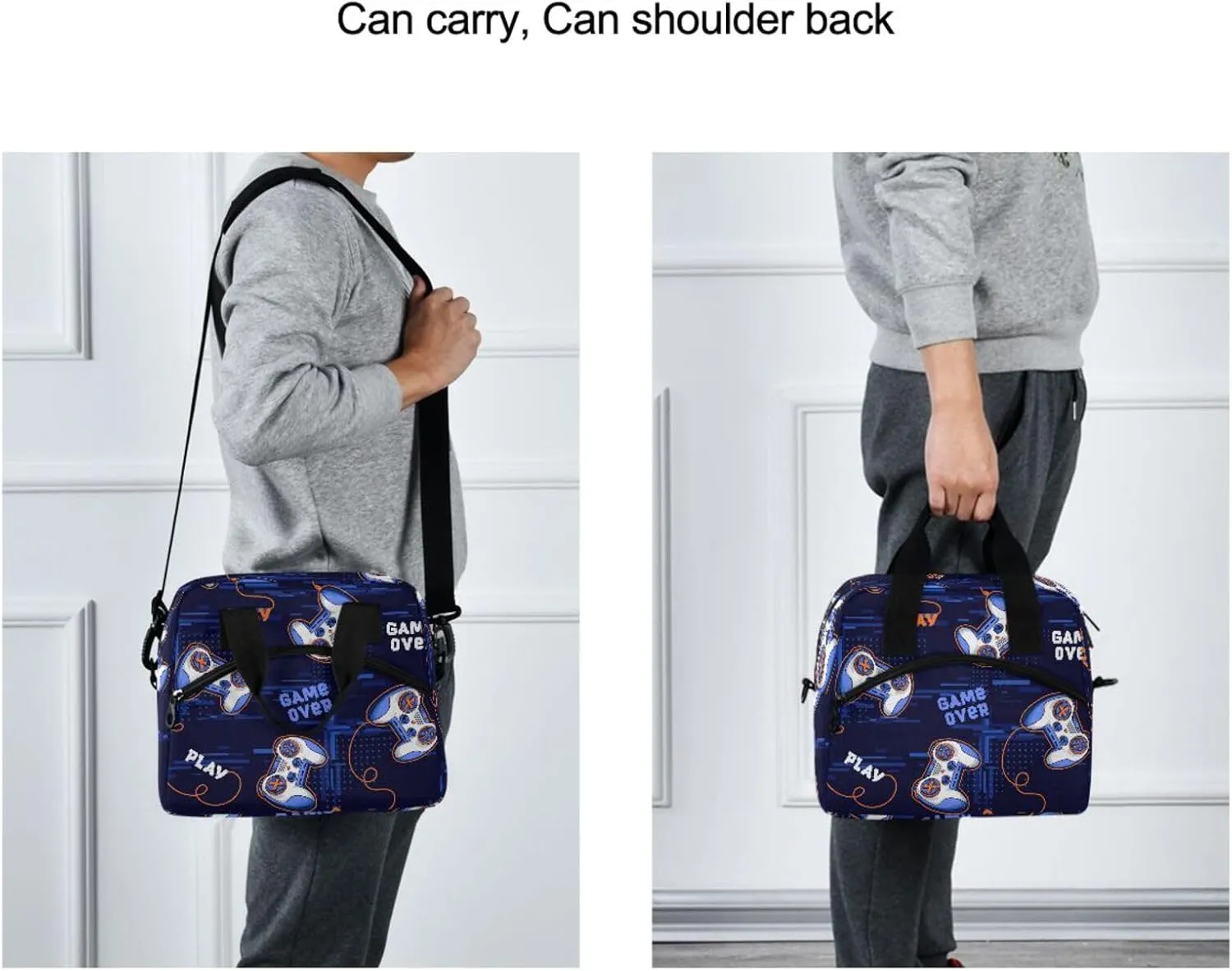 Video Game Insulated Lunch Bag Gaming Gamer Blue Reusable Cooler Lunch Tote Box with Shoulder Strap for Work Picnic School Beach