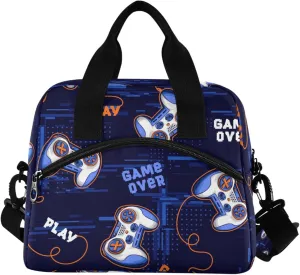 Video Game Insulated Lunch Bag Gaming Gamer Blue Reusable Cooler Lunch Tote Box with Shoulder Strap for Work Picnic School Beach