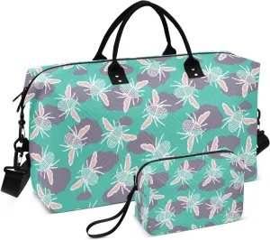 VIGTRO Travel Duffel Bag Weekender Overnight Bag with Toiletry Bag Cute Abstract Beetles Pattern Printed, Carry On Luggage Bag for Hospital Gym Travel Business, 2 Pcs Set