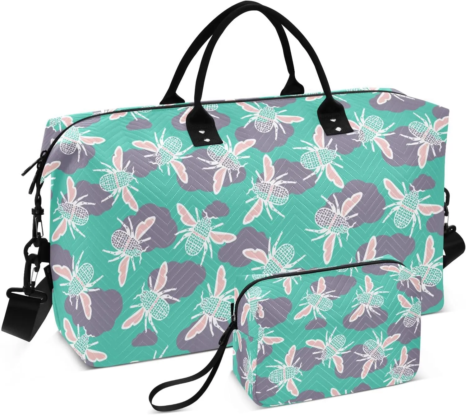 VIGTRO Travel Duffel Bag Weekender Overnight Bag with Toiletry Bag Cute Abstract Beetles Pattern Printed, Carry On Luggage Bag for Hospital Gym Travel Business, 2 Pcs Set