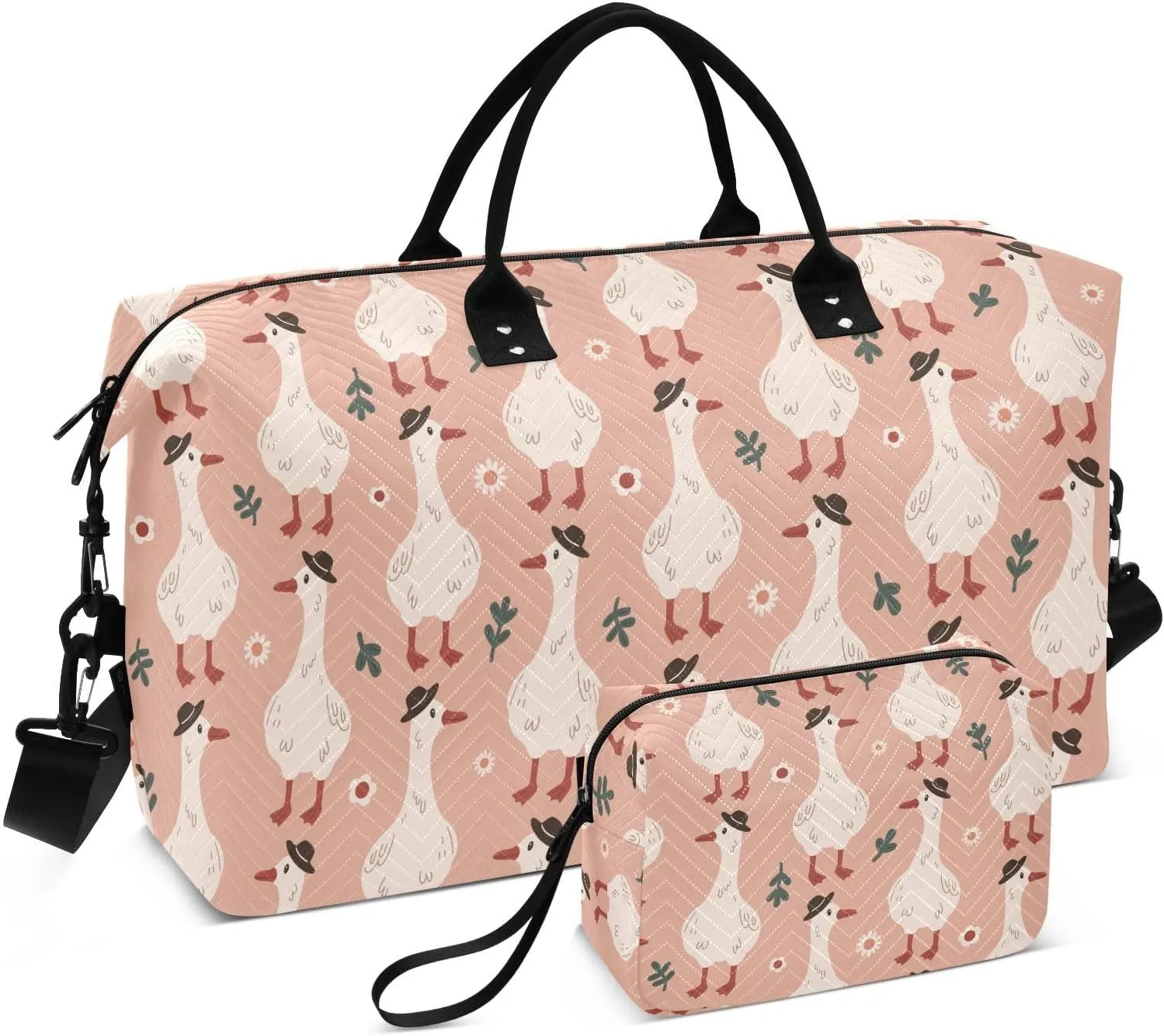 VIGTRO Travel Duffel Bag Weekender Overnight Bag with Toiletry Bag Cute Goose Pattern Printed, Carry On Luggage Bag Watercolor for Hospital Gym Travel Business, 2 Pcs Set