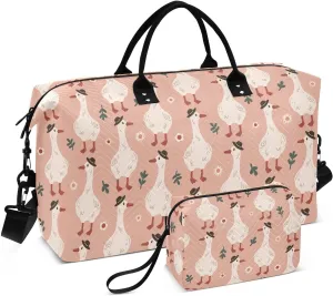 VIGTRO Travel Duffel Bag Weekender Overnight Bag with Toiletry Bag Cute Goose Pattern Printed, Carry On Luggage Bag Watercolor for Hospital Gym Travel Business, 2 Pcs Set