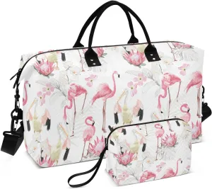 VIGTRO Travel Duffel Bag Weekender Overnight Bag with Toiletry Bag White Palm Leaves Pink Flowers Printed, Carry On Luggage Bag for Hospital Gym Travel Business, 2 Pcs Set