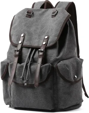 Vintage Canvas Backpack for Men Women, Retro Backpack Fits 15.6” Laptop, Casual Flap Backpacks for College, Durable Leather Trim Rucksack for Work Camping Traveling Grey