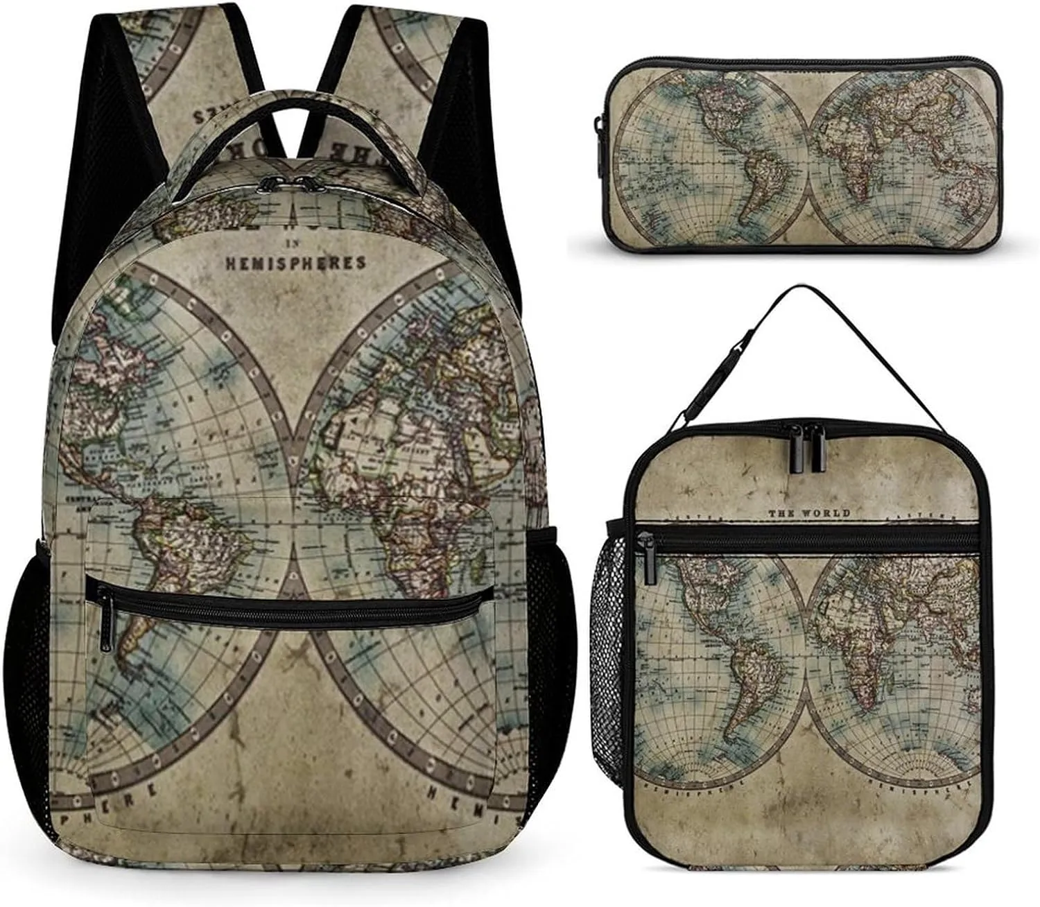 Vintage Eatrh Map Unisex 3 Pcs Backpack Combination Set 16 in Daypack Insulated Lunch Bag Portable Pencil Case