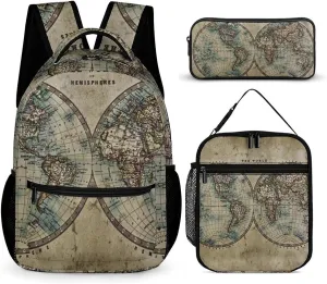 Vintage Eatrh Map Unisex 3 Pcs Backpack Combination Set 16 in Daypack Insulated Lunch Bag Portable Pencil Case