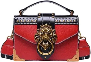 Vintage Lion Head Handbag, Red and Black Leather, Gold Metal Hardware, Studded Crossbody Purse