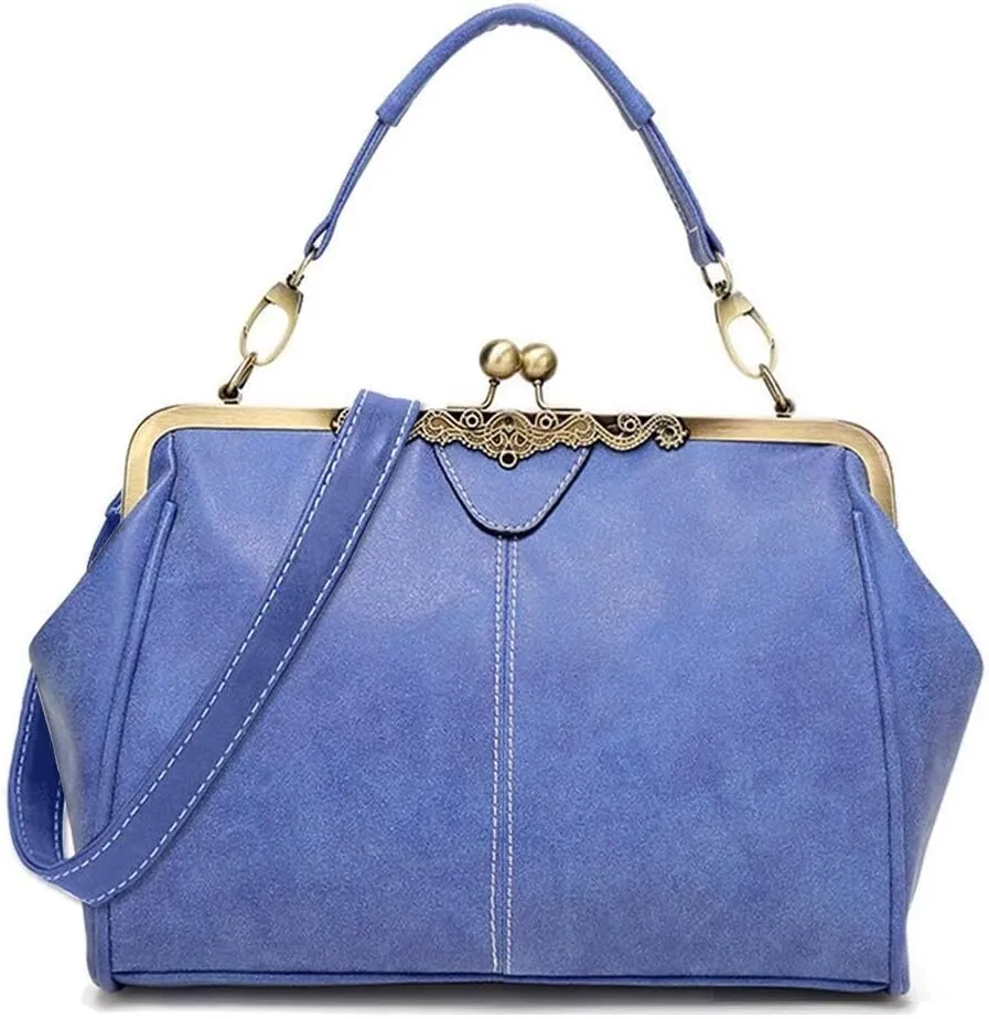 Vintage Women Tote BagsSmall Retro Handbags Kiss Lock Crossbody Bags Purse Frosted Leather Messenger Bag
