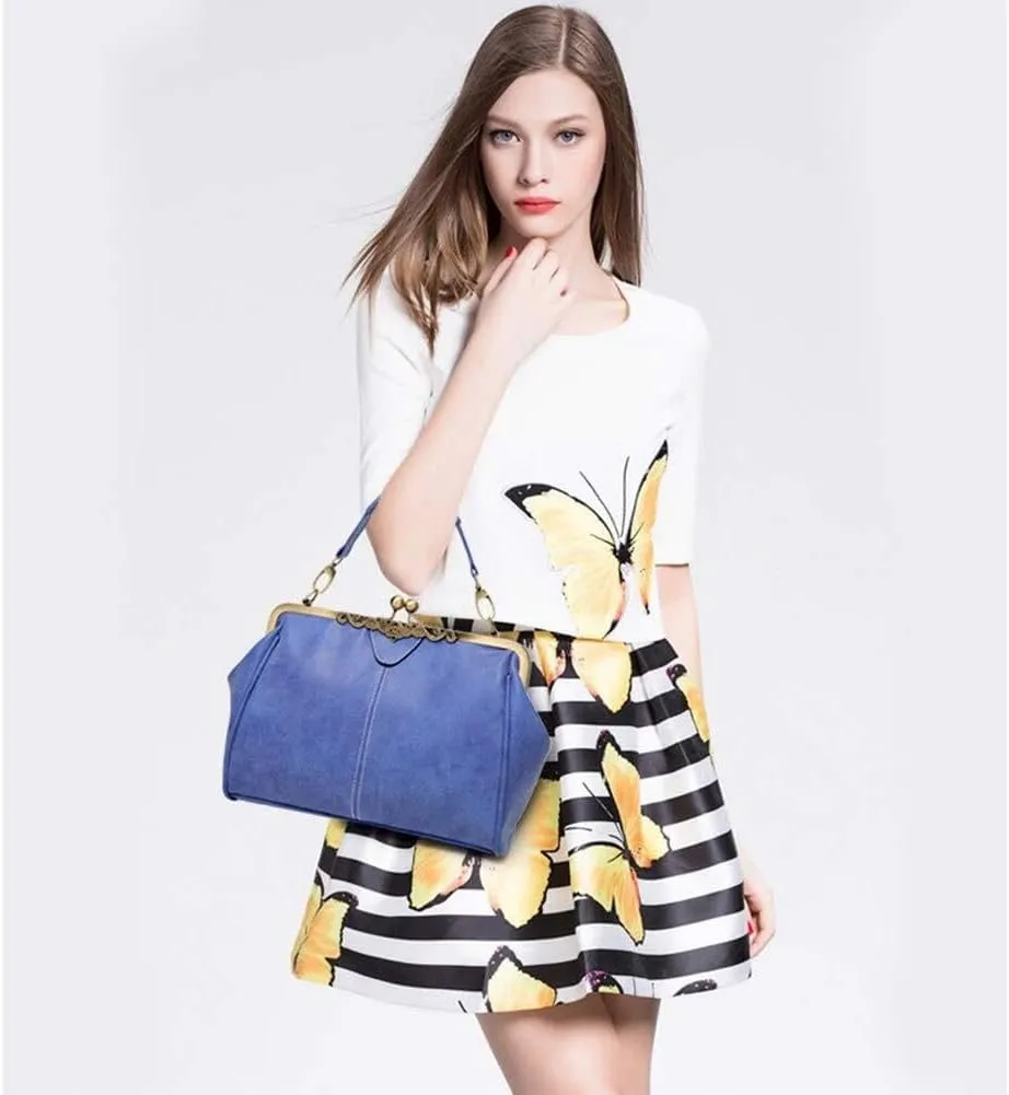 Vintage Women Tote BagsSmall Retro Handbags Kiss Lock Crossbody Bags Purse Frosted Leather Messenger Bag