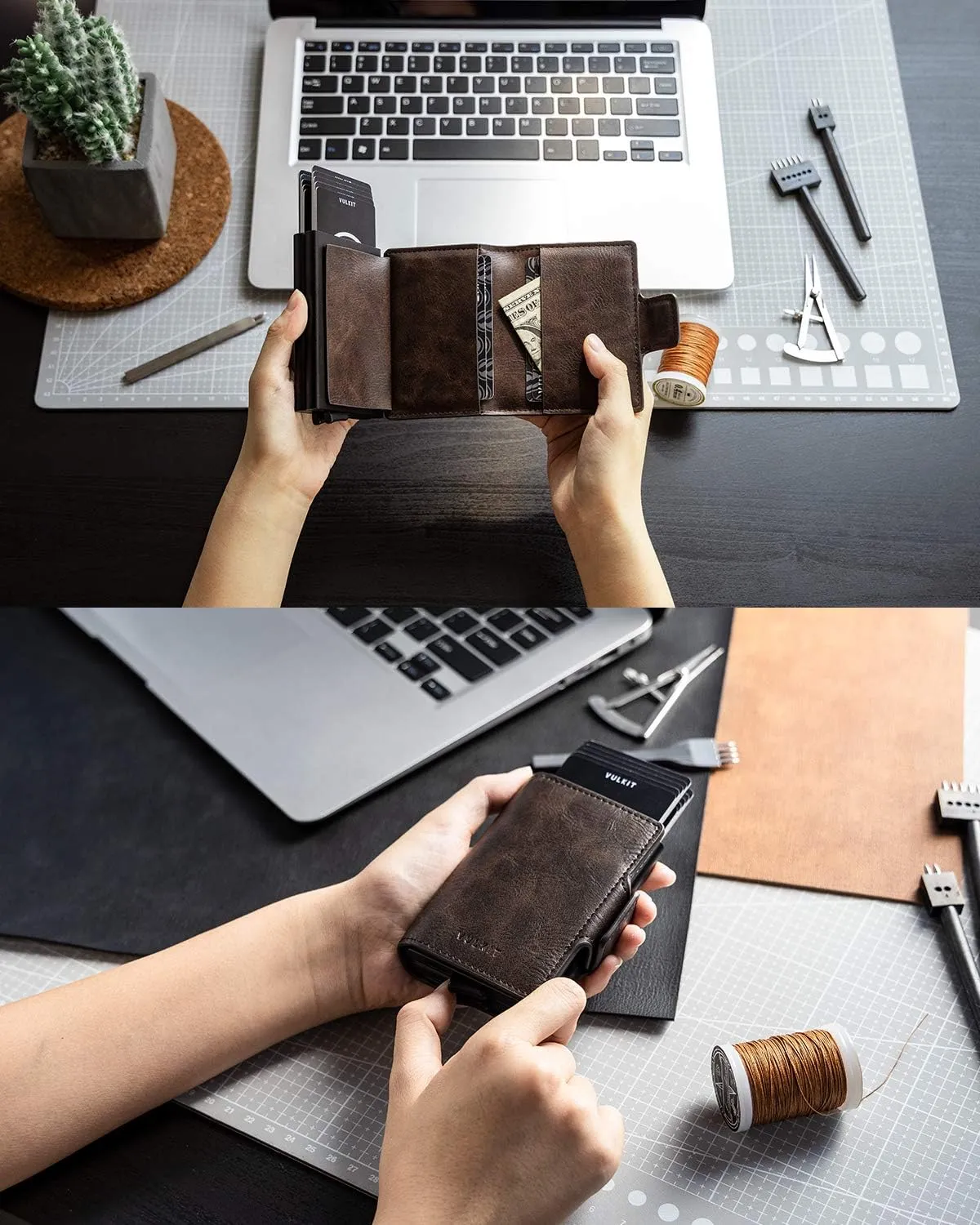 VULKIT Credit Card Holder RFID Blocking Leather Automatic Pop Up Wallet Magnetic Wallet Double Card Case for Men and Women