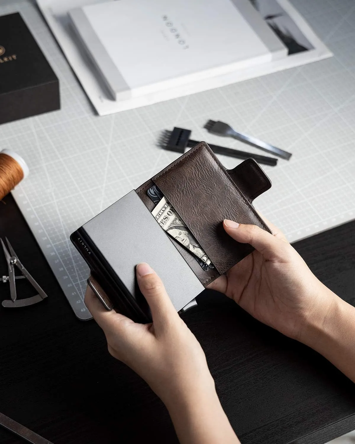 VULKIT Credit Card Holder RFID Blocking Leather Automatic Pop Up Wallet Magnetic Wallet Double Card Case for Men and Women