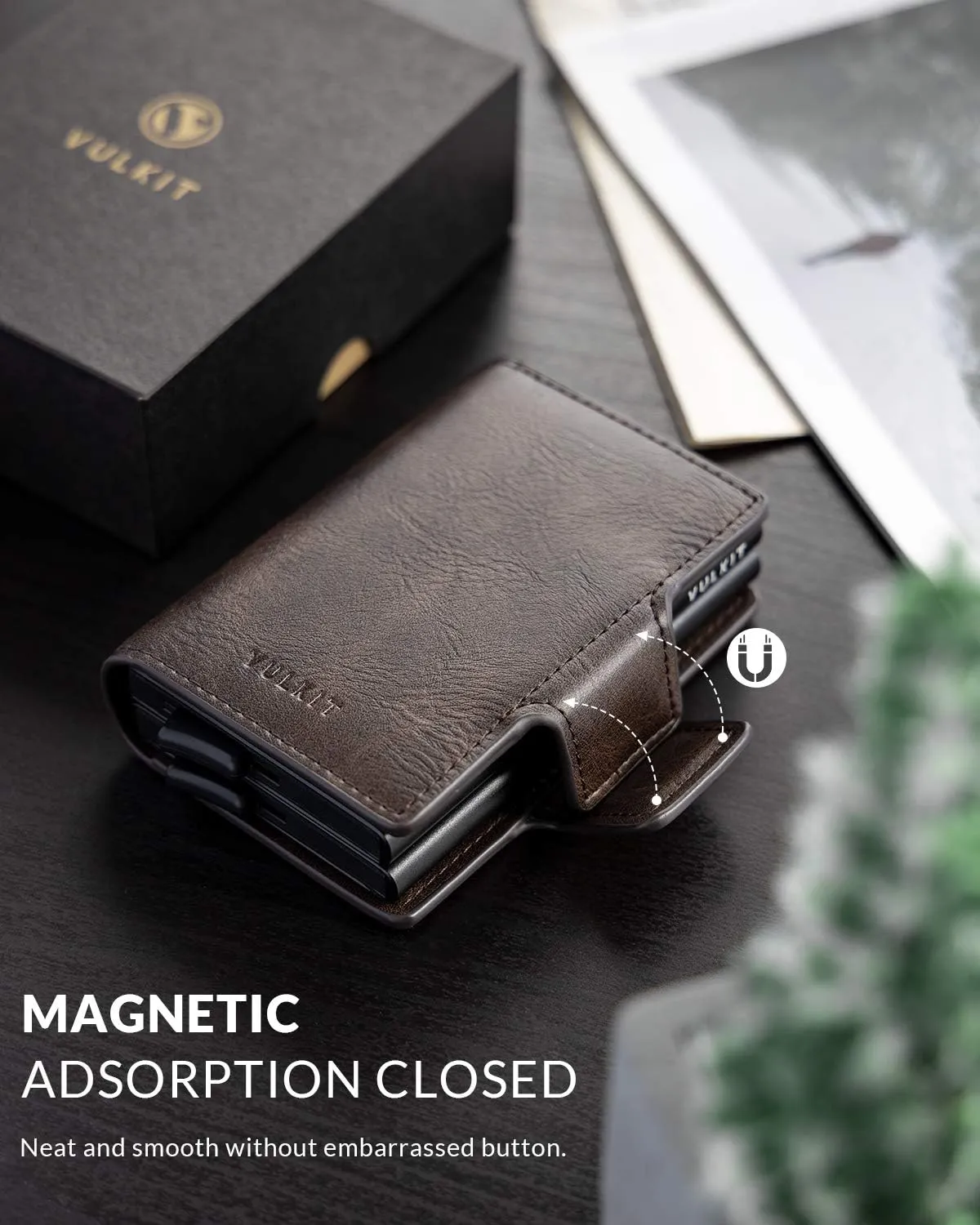 VULKIT Credit Card Holder RFID Blocking Leather Automatic Pop Up Wallet Magnetic Wallet Double Card Case for Men and Women