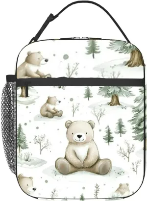 Watercolor Bears and Evergreen Trees Insulated Iunch Bag for Men Woman Large Portable Waterproof Reusable Thermal Lunch Box with Pockets for Work Travel Picnic