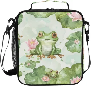Watercolor Cute Green Frogs with Flowers on Leaf Insulated Women Lunch Bags Crossbody Teachers Lunch Bag Tote for Outdoor Picnic