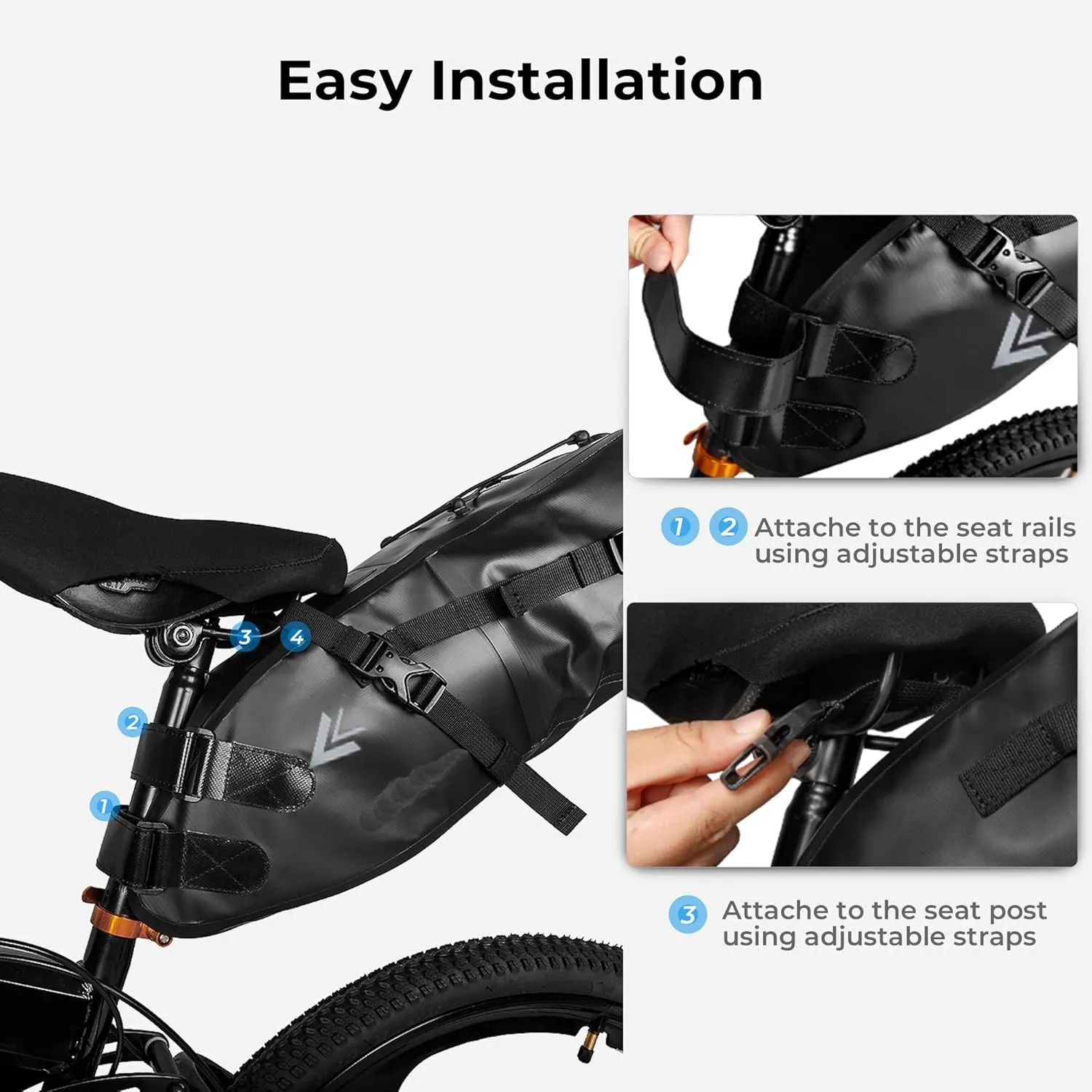 Waterproof Bicycle Saddle Bag - 10L Roll-Top Closure Cycling Bike Seat Bag Under Seat Storage Pack for Mountain Road Bike Travel (Black)