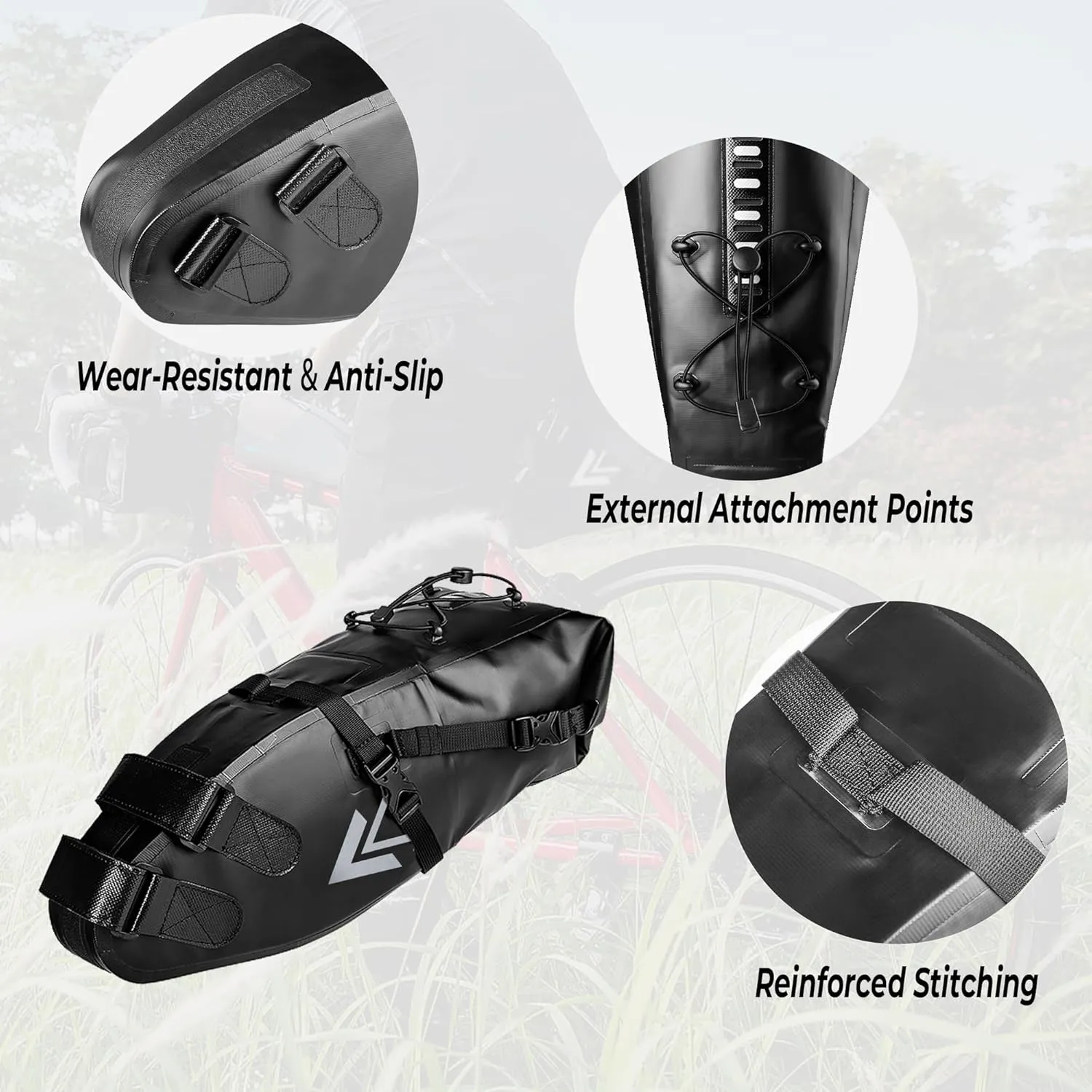 Waterproof Bicycle Saddle Bag - 10L Roll-Top Closure Cycling Bike Seat Bag Under Seat Storage Pack for Mountain Road Bike Travel (Black)