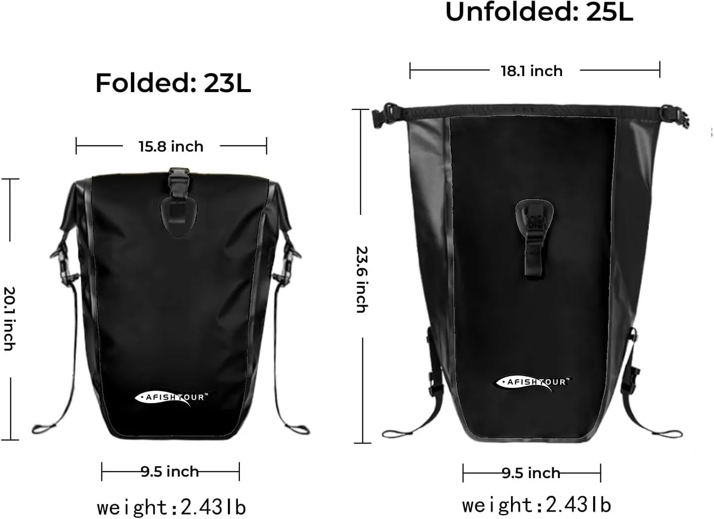Waterproof Bike Pannier - 25L Saddle Bag for Bicycle Rear Rack - Bike Bag for Grocery, Laptop (Black, 1 PCS)