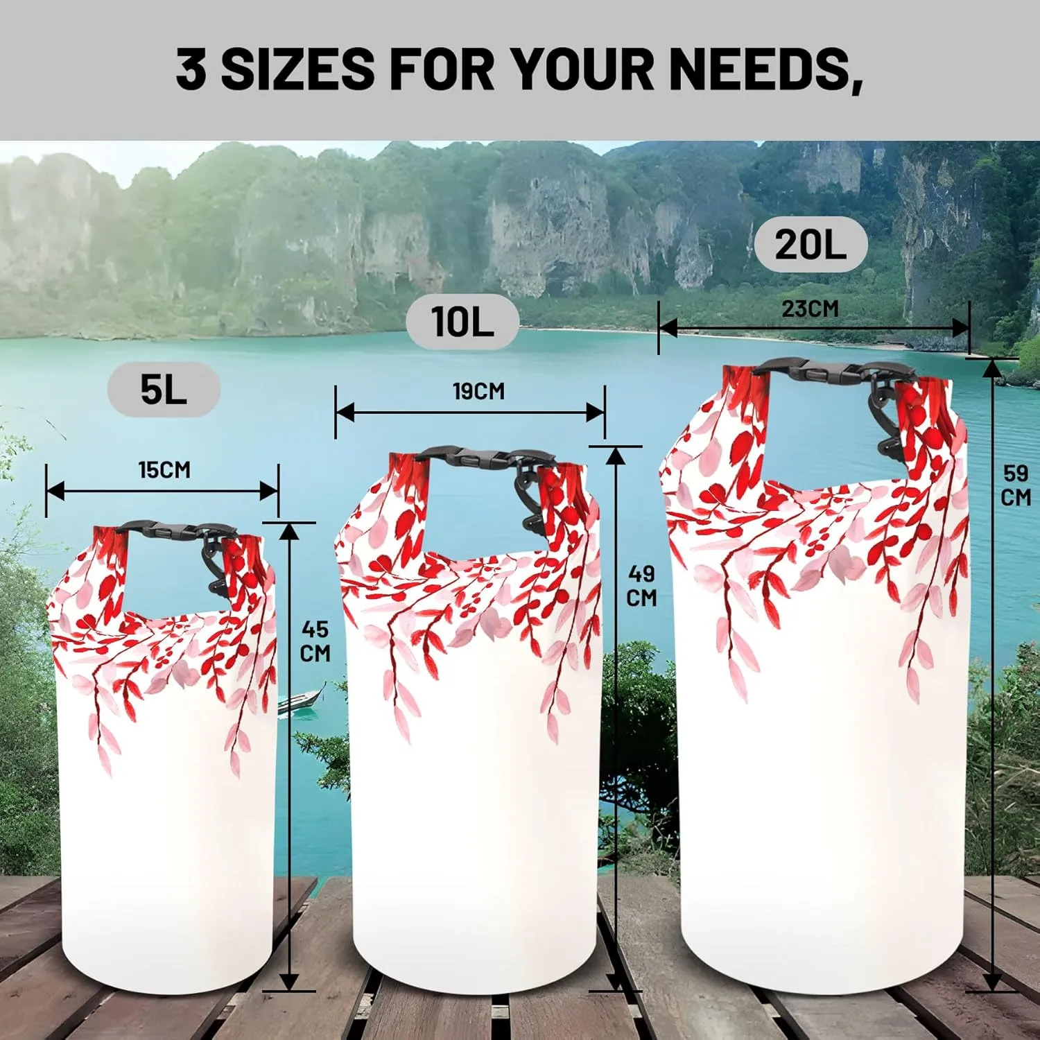 Waterproof Dry Bag,Roll Top Red Eucalyptus Waterproof Backpack 5L/10L/20L Floating and Lightweight Bags for Kayaking, Boating, Fishing, Swimming and Camping