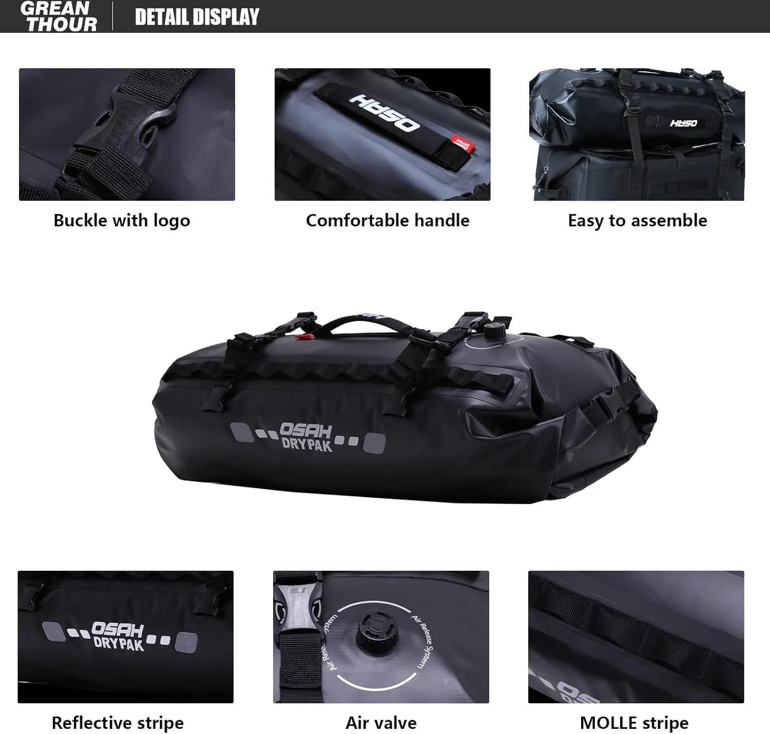 Waterproof Duffle & Tail Bag Saddle Bags, 20L Large Storage Space, for Motorcycle Back Seat, Dry Bag - Grey