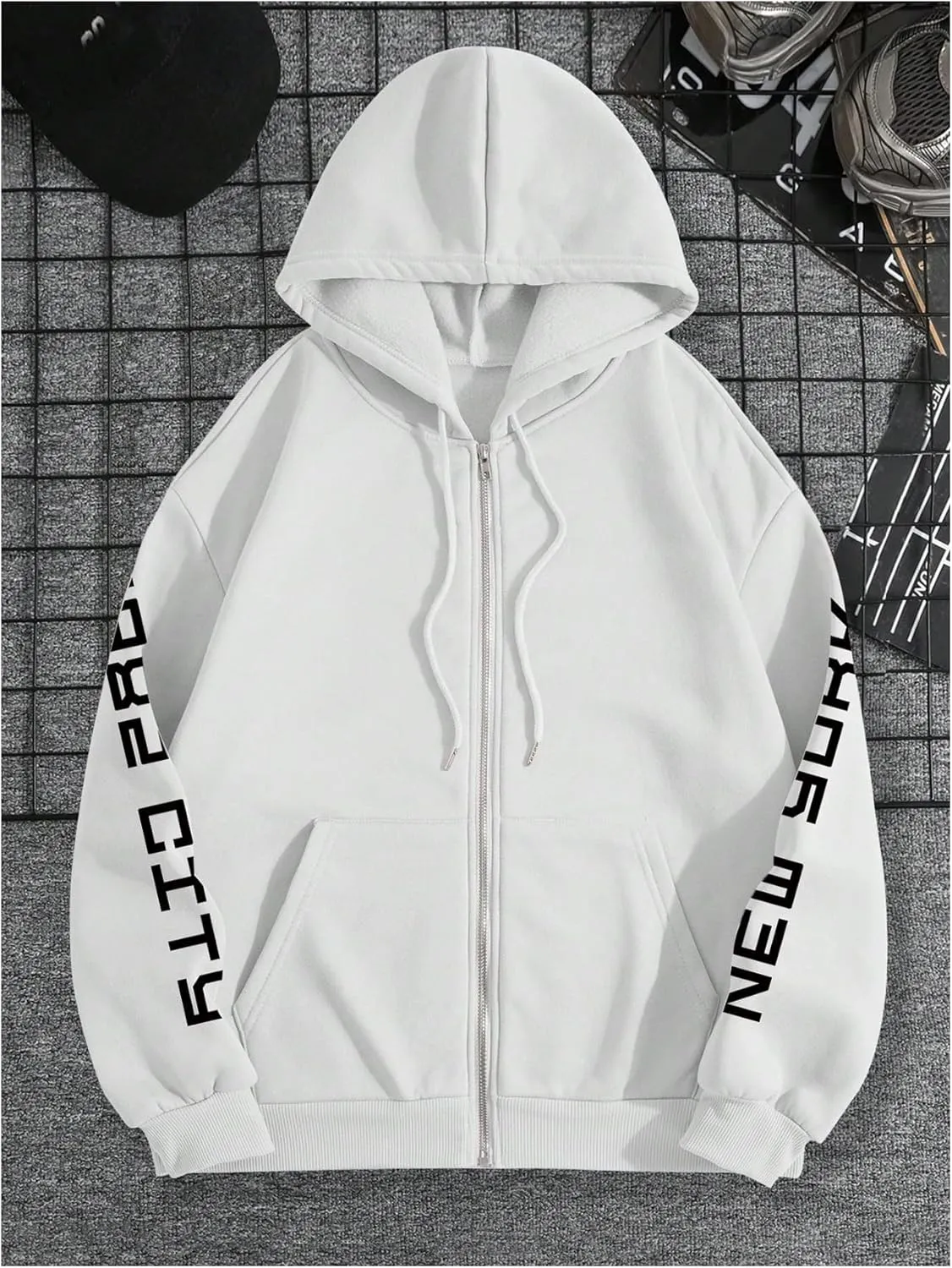 WDIRARA Men's Graphic Print Drop Shoulder Zipper Hoodies Long Sleeve Sweatshirts with Pockets