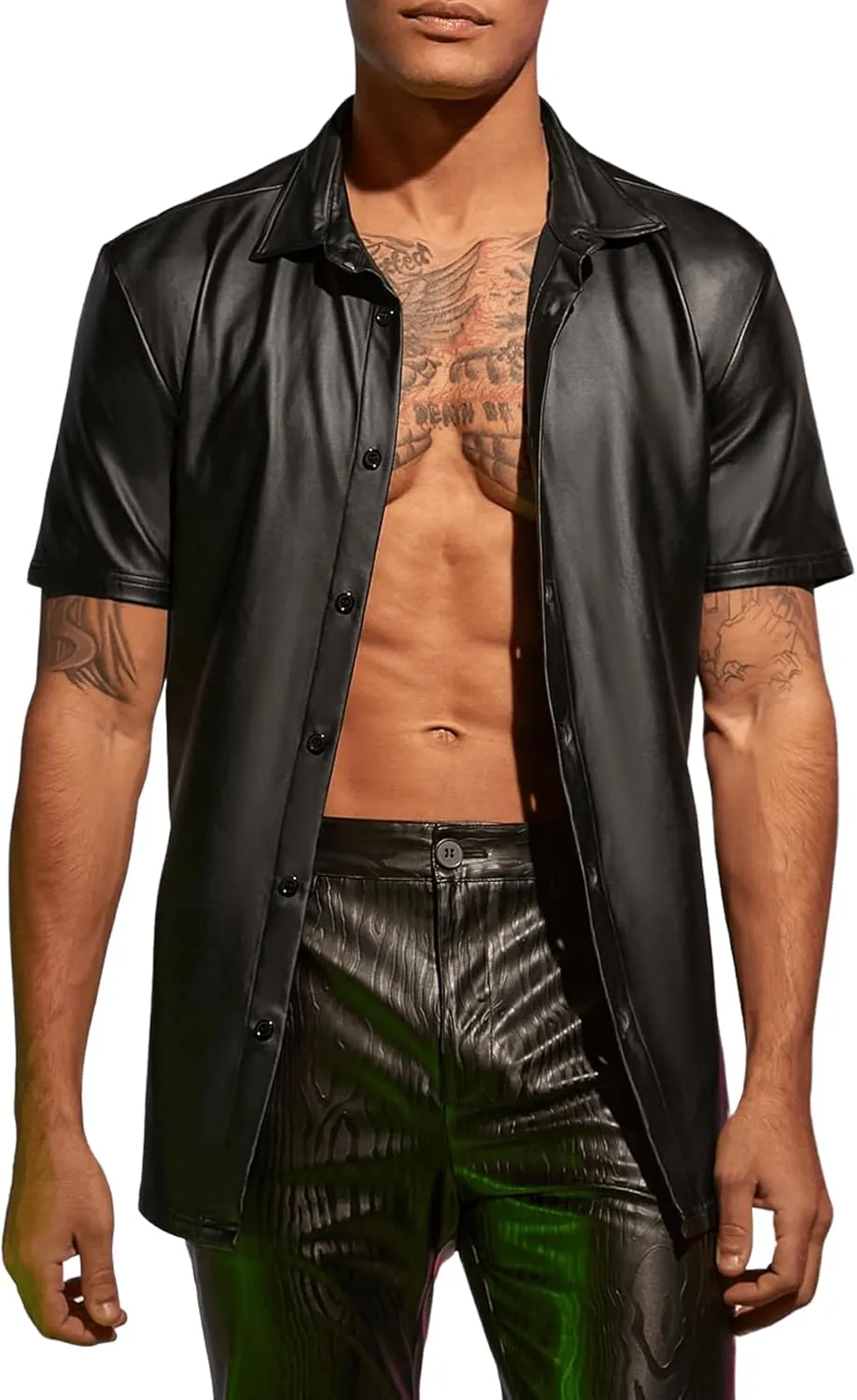 WDIRARA Men's PU Leather Button Down Short Sleeve Dress Shirt Casual Streetwear Top