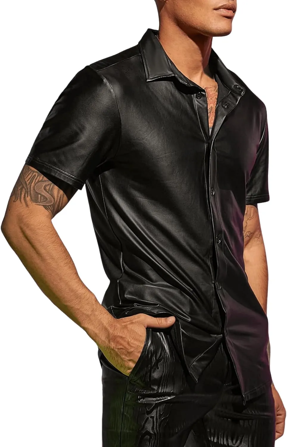 WDIRARA Men's PU Leather Button Down Short Sleeve Dress Shirt Casual Streetwear Top