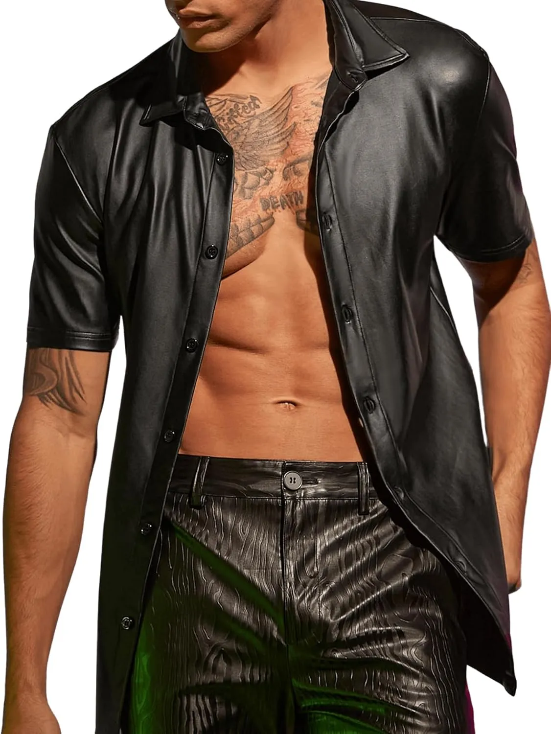 WDIRARA Men's PU Leather Button Down Short Sleeve Dress Shirt Casual Streetwear Top