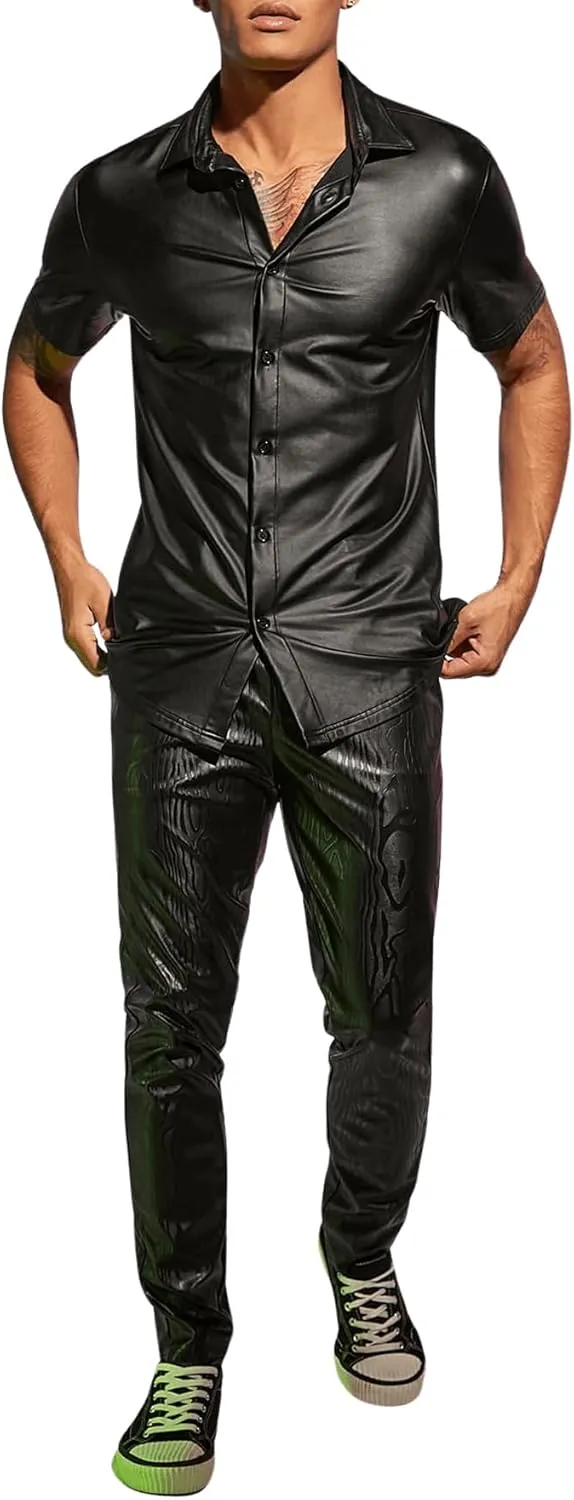 WDIRARA Men's PU Leather Button Down Short Sleeve Dress Shirt Casual Streetwear Top