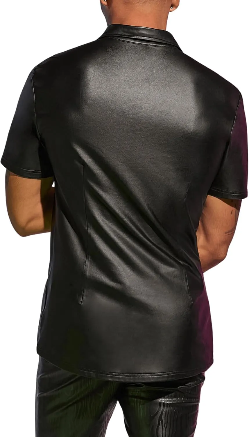 WDIRARA Men's PU Leather Button Down Short Sleeve Dress Shirt Casual Streetwear Top
